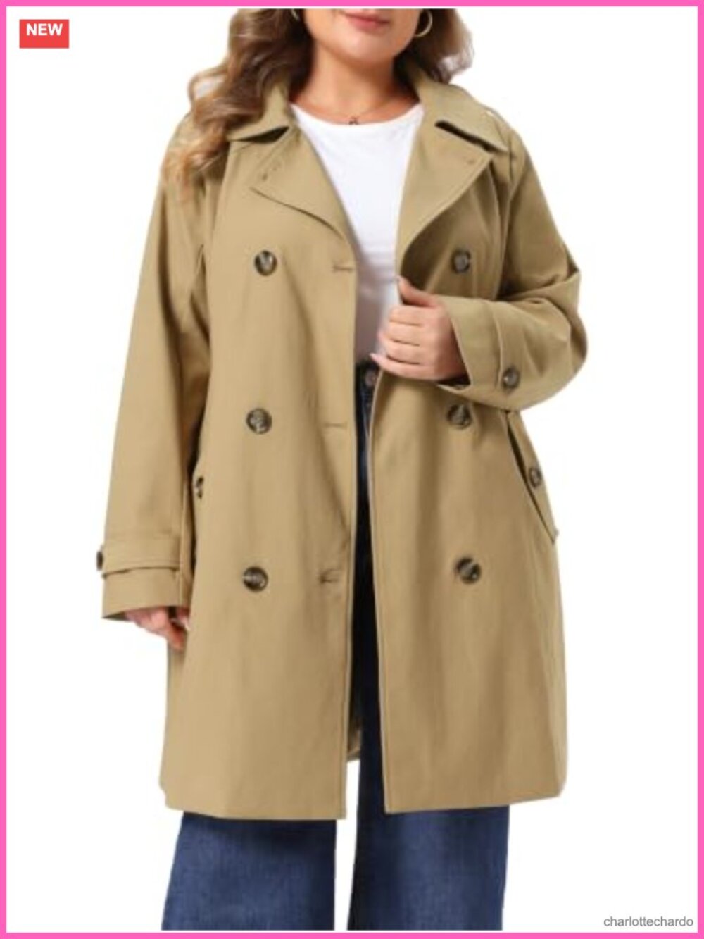Plus Size Trench Coat Notch Lapel Double Breasted Detachable Hood Winter